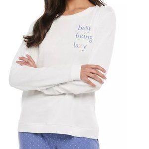 Womens Winter Pajamas Top Large White BUSY BEING LAZY Long Sleeve Terry SO Shirt